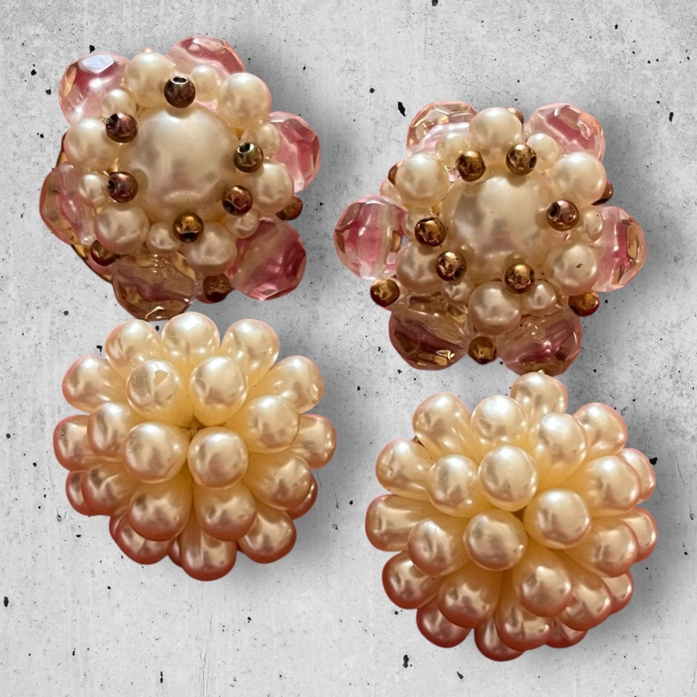 Two Pairs of Vintage Pearl Beaded Cluster Earrings Clip On Style